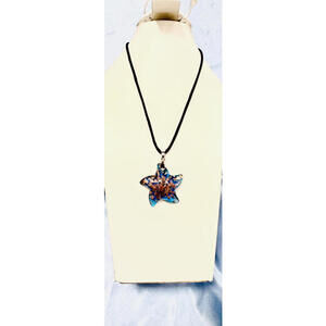 Black Cord with Blown Blue and Sparkling Gold Starfish Glass Pendant Collar